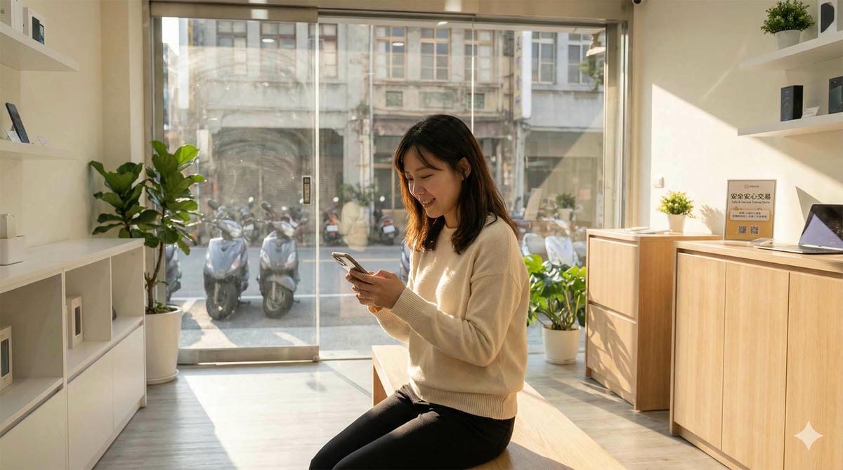 台南華航哩程轉讓:女孩們的安心選擇,西門路實體店面拒絕詐騙 - 第1張圖 一位年輕女性在明亮舒適的台南通訊行內,安心地看著手機螢幕,背景有台南街道的溫暖光線 / Young woman looking at phone comfortably inside a bright Tainan tech store, background with warm light of Tainan streets.